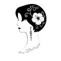 Exquisite short-haired female profile with black hair, hibiscus flower in her hair, beautiful patterns and long earrings - vector Royalty Free Stock Photo